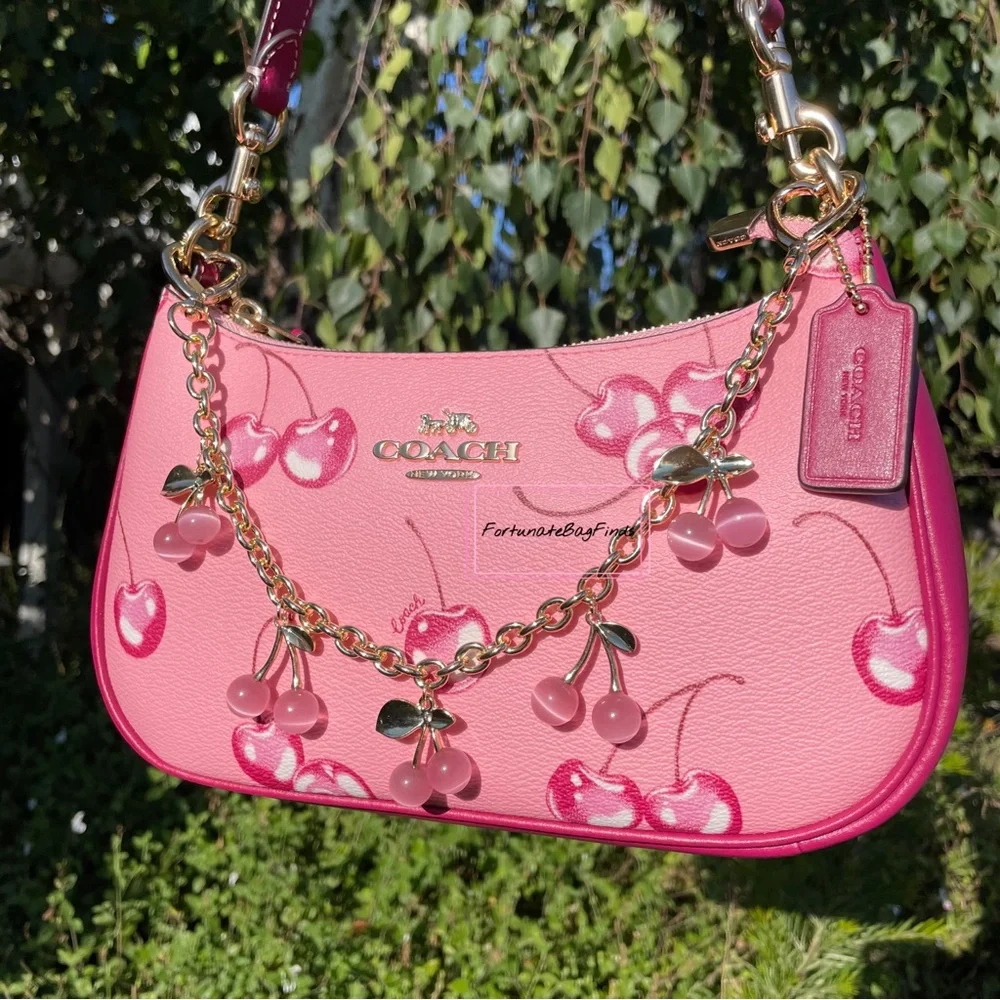 Pink Crystal Cherry Bag Charm Chain Novelty Purse Strap Baby Pink Cherries Charm - Picture 10 of 14